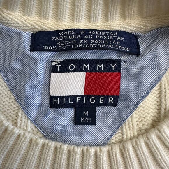 Tommy Hilfiger Vintage White Cable Knit Sweater Men’s Medium Crest Logo Pullover - Picture 2 of 8